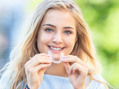 A young woman with blonde hair, wearing a clear braces appliance, smiling broadly at the camera.