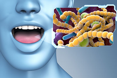 The image shows a 3D rendering of a human face with an open mouth, set against a background featuring a microscopic view of bacteria, accompanied by a speech bubble that contains a scientific explanation of the bacteria s structure and function.